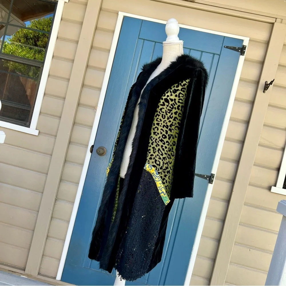 Vintage Ania A Boho Faux Fur Trim Leopard Print Duster Coat Women’s Size Medium
